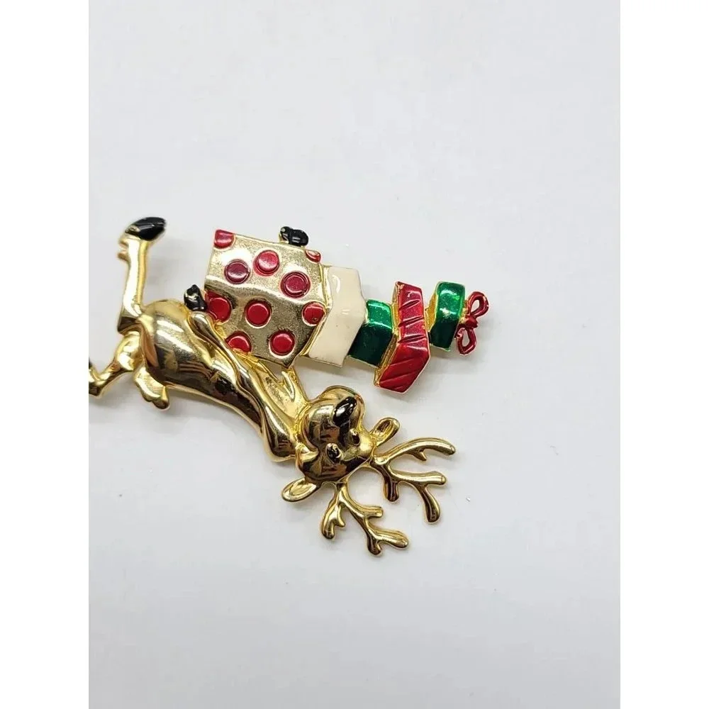 Danecraft Christmas Reindeer Brooch Enamel Gifts Gold Tone Pin Estate Vintage